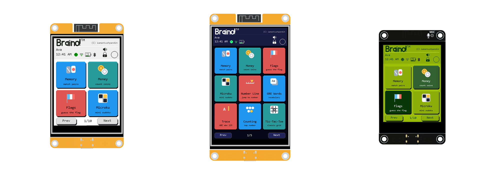 Braino running on three bare ESP32 CYD boards - 3.2 inch, 4 inch and the 2.8 inch S3 - in three different themes