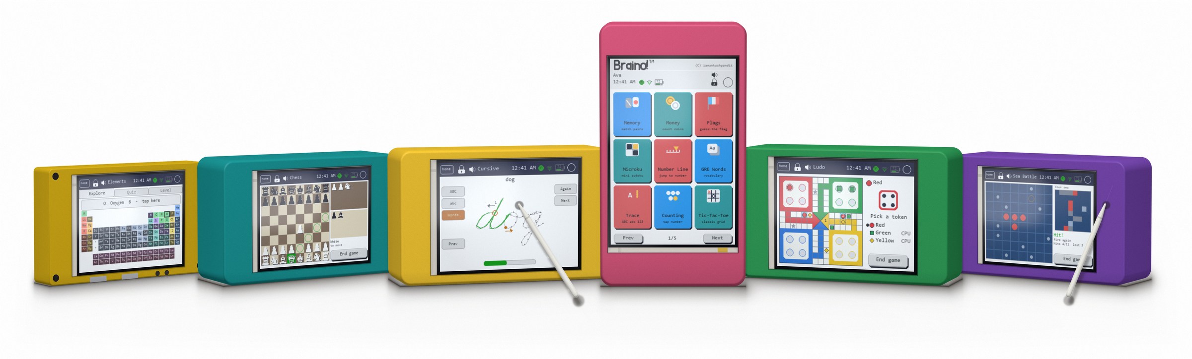 Eight Braino consoles in eight filament colours across three board sizes, each running a different game